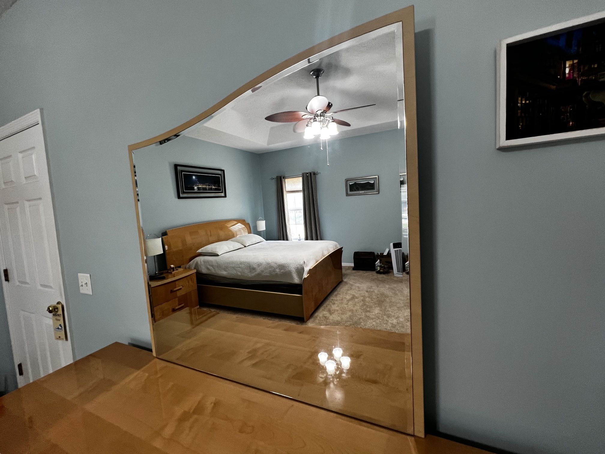 (7) Piece Bedroom Furniture, Made in Italy, High Gloss Lacquer Finish in Blonde color. Dresser, mirror, two side bed rails, bed foot board, bed head