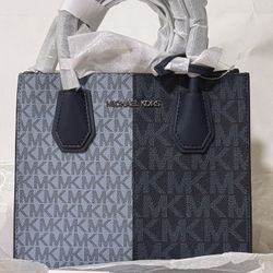 Michael Kors Women's Mercer Size Medium Color-Block Logo Crossbody Bag Navy & Blue With Michael Kors Logo Keychain Brand New Sealed