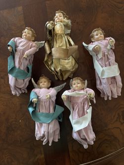 #2408- 5 Vtg. 7” angels Christmas Ornaments