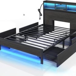 Rolanstar Twin Bed Frame with Storage Headboard, Metal Platform Bed with Charging Station, LED Bed Frame with 4 Drawers, Bookcase Storage