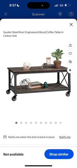 Sauder Steel River Engineered Wood Coffee Table in Carbon Oak Industrial Metal Accents On Wheels