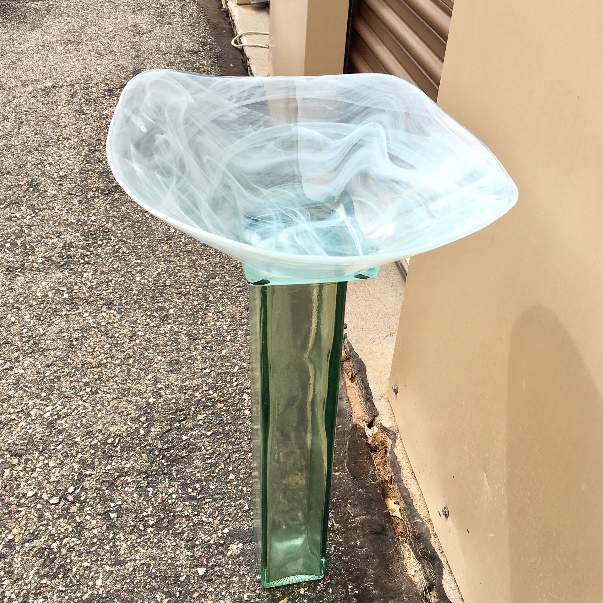 Bird Bath or Feeder for your garden - Glass Aqua Green Bowl with green glass 2.5' tall stand!