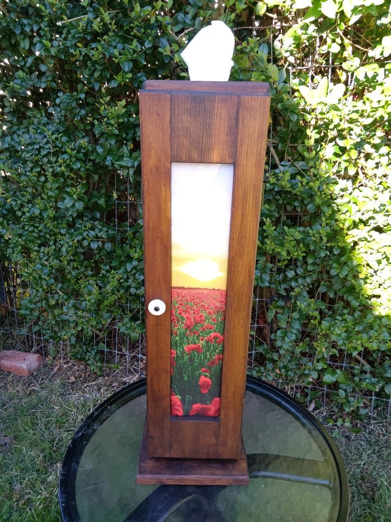 Vintage Wood Freestanding Farmhouse Country Toilet Paper Holder - Refurbished With Beautiful Poppies Art.