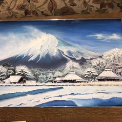 Large Japanese Painting In Chrome Frame 