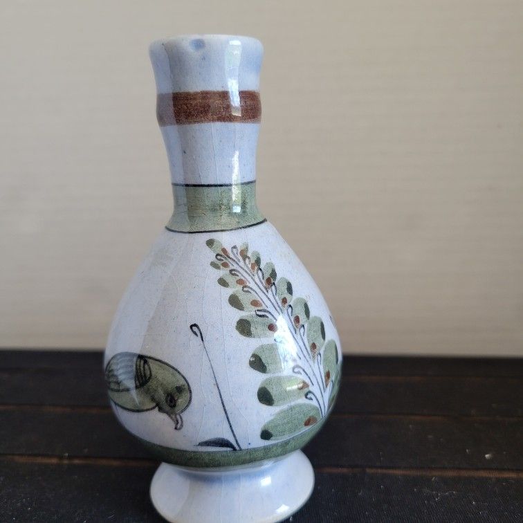 Vintage Tonala Mexican Pottery Vase Hand Painted 5" Light Blue Brown Floral Bird