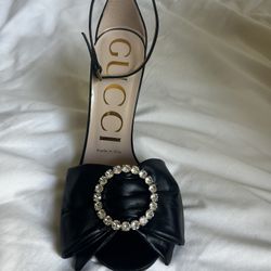 Gucci Black Leather Charlotte Web Crystal Embellished Ankle Strap Sandals Size 35/5 