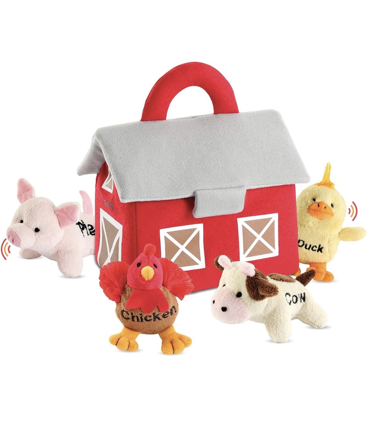  Plush Farm Animal Toys with Sounds - Plushie Play Set with Cute Talking Barn Animals in a Barn Carrier