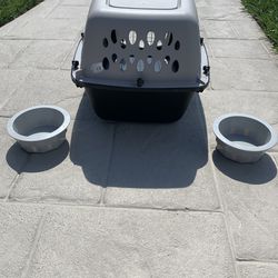 Dog Cage & Set Of Dog Bowls