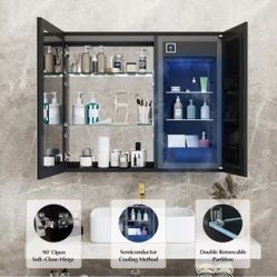 Built-in Mini Fridge for Skincare, Lighted Medicine Cabinet with Mirror, Adjustable LED Light Mirror, Bathroom Large Medicine Cabinet 2 Doors Wall Mou