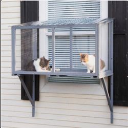 Gray Window Catio, Catio Outdoor Cat Enclosure Window Box, Wooden Cat Window Perch