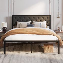 King Size Metal Platform Bed Frame with Fabric Upholstered Tufted Headboard & Underbed Storage, Dark Gray