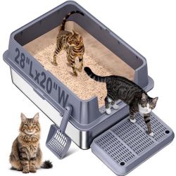 Stainless Steel Litter Box , 28"L*20"W*12"H XXL Extra Large Litter Boxes with lid ,Metal Litter Box with Hight Sides for Big Cats& Multiple Cats,Never