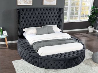 Brand New Storage Black Velvet Tufted Round Platform Bed Frame