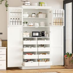 [Assembly Video Provided] TOPMAX 35.5x17.6x70.9inch Freestanding Kitchen Pantry Cabinet, Tall Storage Cabinet with 4 Doors, 2 Door Shelves, 8 Pull-out