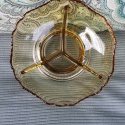 VINTAGE KROME KRAFT AMBER DIVIDED NUT/CANDY DISH