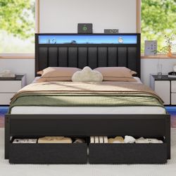 BRAND NEW Queen Bed Frame with Charging Station and LED Lights, Grey Upholstered Headboard with Shelves, Metal Platform Bed with 2 Under-Bed Storage (
