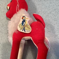 Vtg.1960s Herman Pecker Red Felt Reindeer + Orig. Tag Retro Christmas Decor / Toy