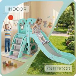 6 in 1 Toddler Slide, Kids Sturdy Slide with Basketball Hoop and Telescope, Non-Slip Steps, L-Shaped Baby Indoor and Outdoor Climber Playground Playse