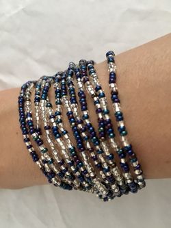 Handcrafted Bracelet 12 Rows White Blue Beads 7.5 inch