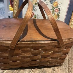 Vintage Woven Picnic Basket with Wooden Lid