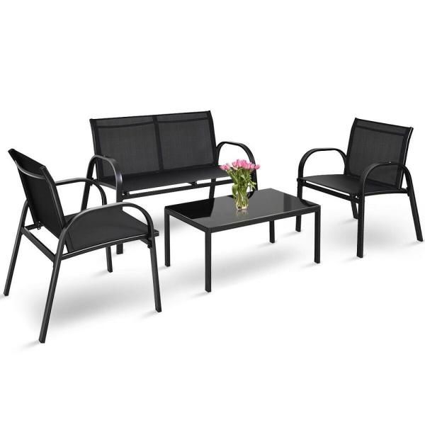 4-Piece Patio Furniture Conversation Sofa Set Coffee Table Steel Frame Garden Deck in Black