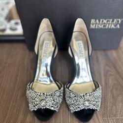 Badgley Mischka Maria Black Satin Rhinestones Embellished D’Orsay Pumps