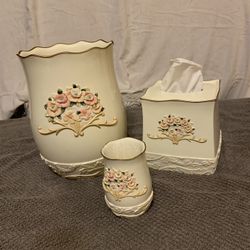 3 Pc. Lovely Trash Can, Tissue Holder & Glass 