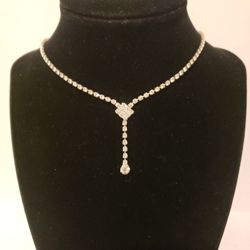 Rhinestone Silver Vintage Tennis Necklace Drop Pendant 16" F10 