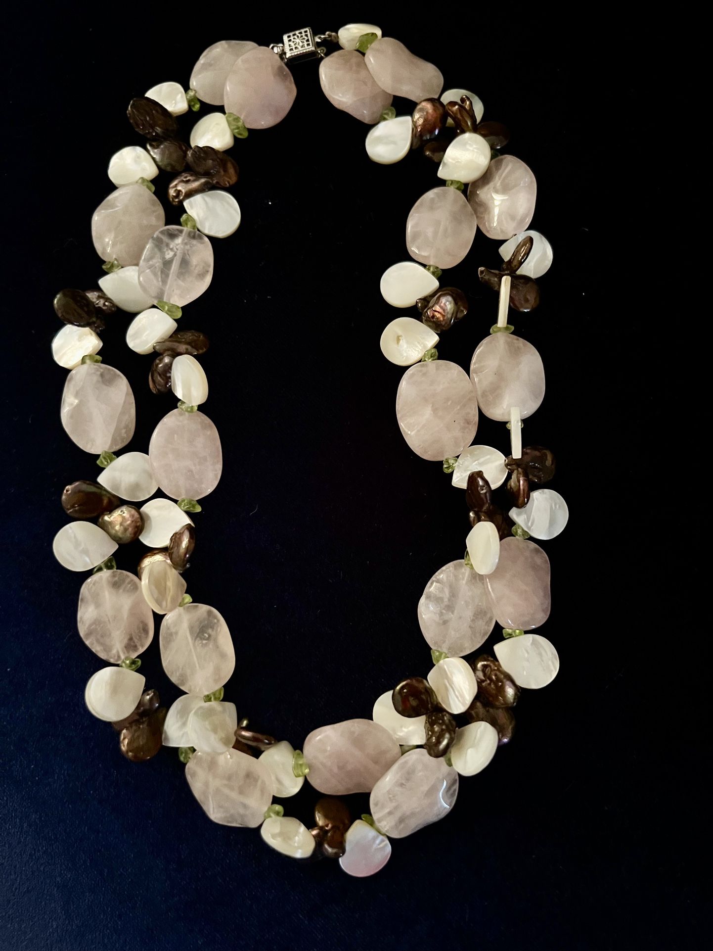 Rose quartz double strand necklace with moonstone, tourmaline & brown pearl necklace 18.5 inches