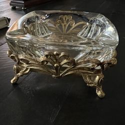 Antique Gilded Glass And Metal Ashtray 