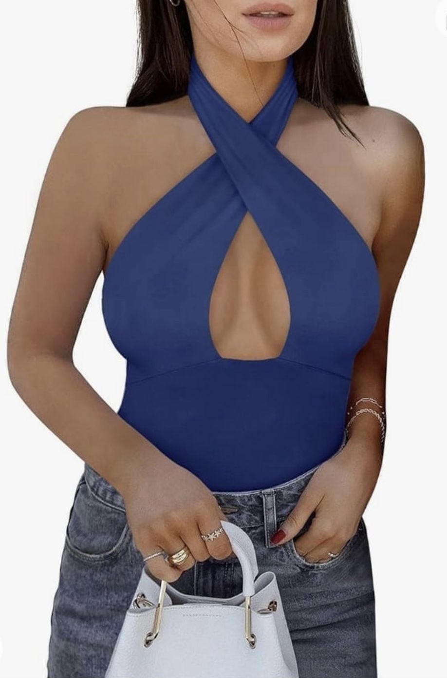 Criss Cross Halter Neck Sleeveless Thong Bodysuits Tops L. (G)