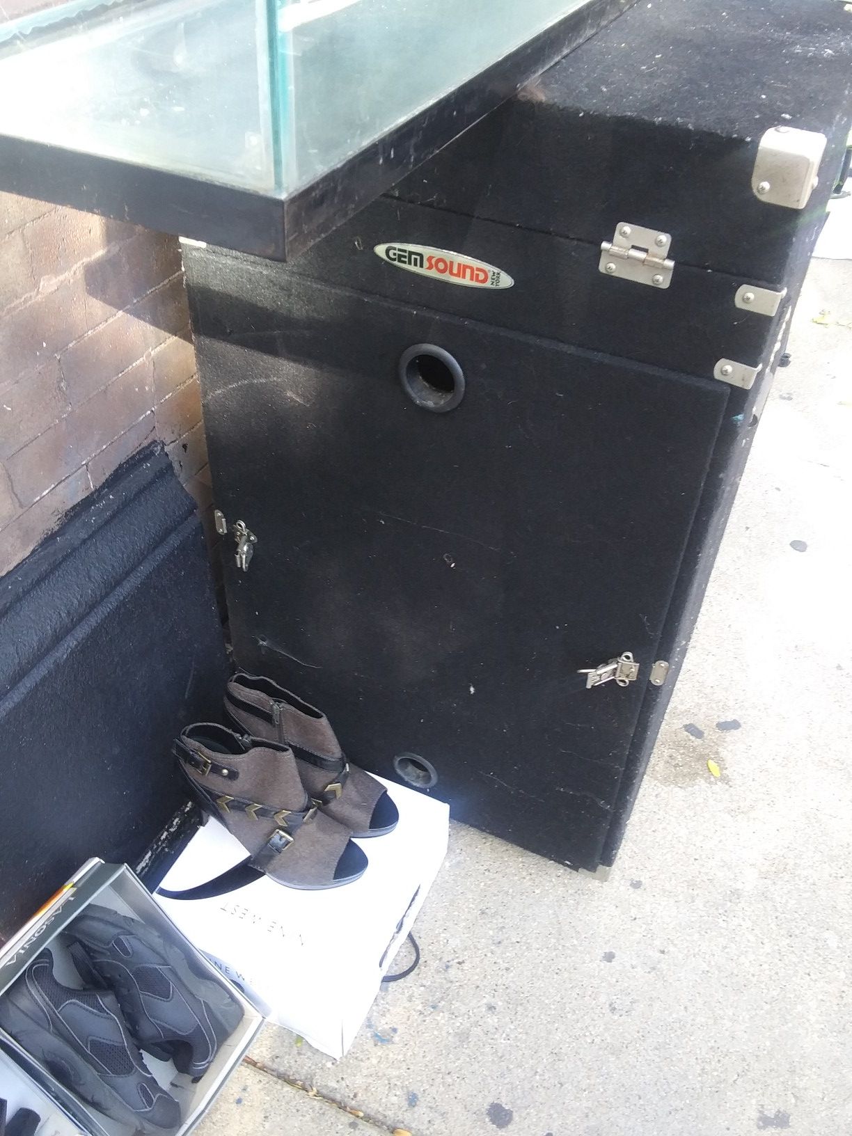 DJ equipment transportation box with wheels.