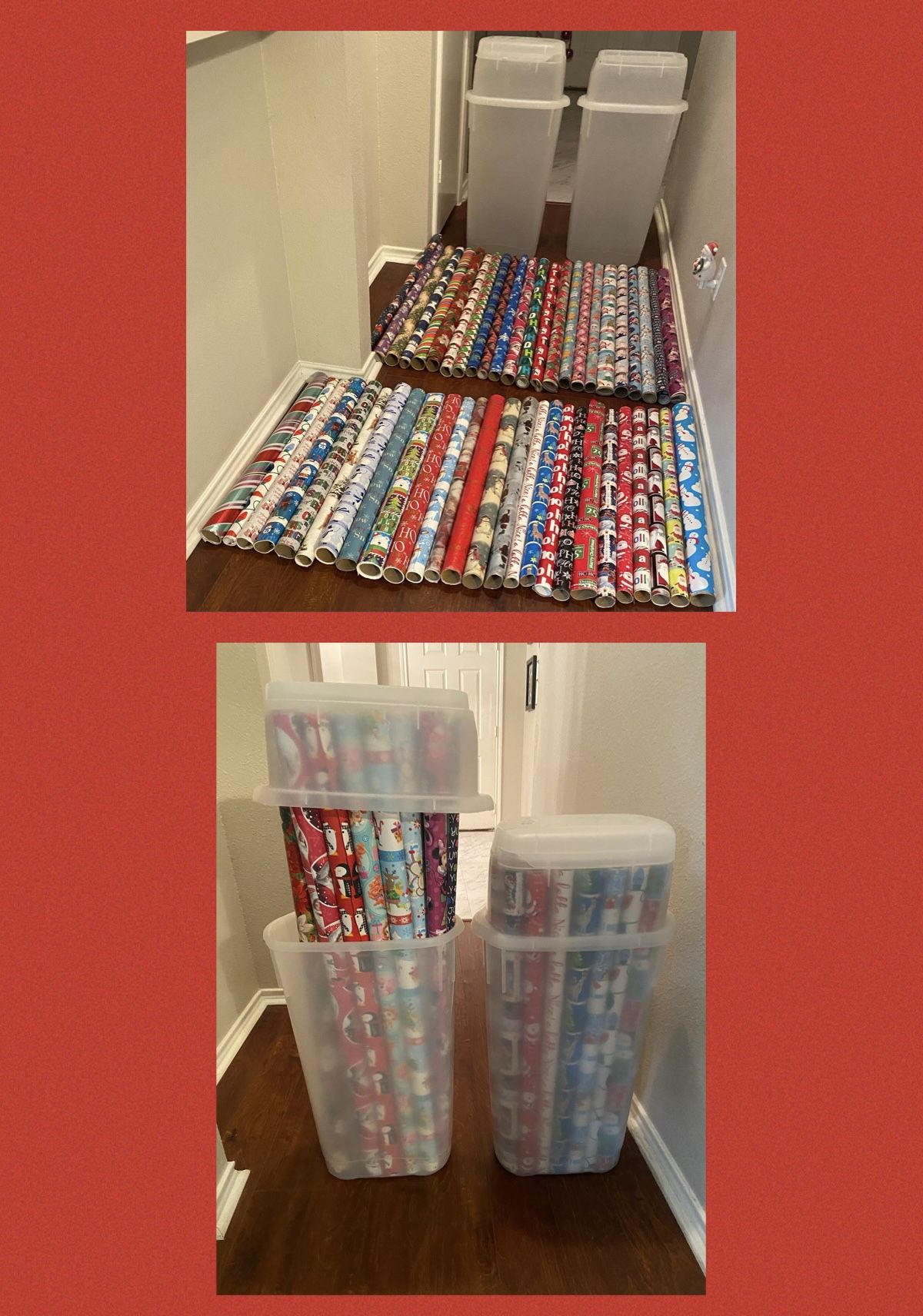 50 ROLLS OF CHRISTMAS WRAP & 2 WRAPPING PAPER STORAGE CONTAINERS - ALL FOR $45