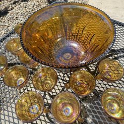 Carnival Glass : Princess Amber  Glass Punchbowl & 12 Cups 