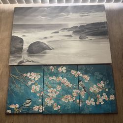 4-Piece Canvas Wall Art Set – Large B&W Seascape & 3-Panel Teal Floral Bird Triptych 