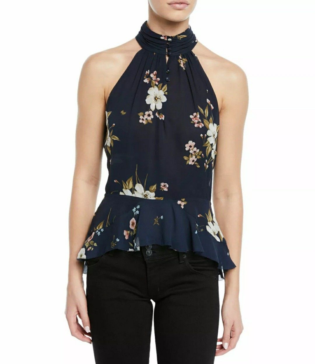JOIE Abbigayl Women's Blouse Sz 8 Navy Floral Print Silk Halter Sleeveless Top. NWT - $228