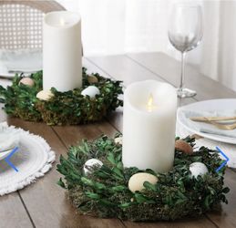 Two (2) Beautiful Large Boxwood Spotted Eggs Greenery Candle Rings