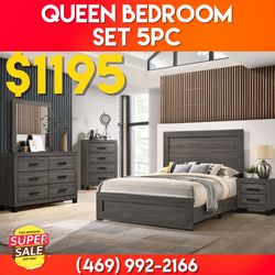 New In The Box 📦 Grey Queen Bedroom Set 5pc ( Bed, Dresser, Mirror, Chest, Nightstand ) - Delivery And Financing Available 