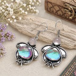Rainbow Fire Topaz & Rose Quartz Silver 2” Earrings-AE25045