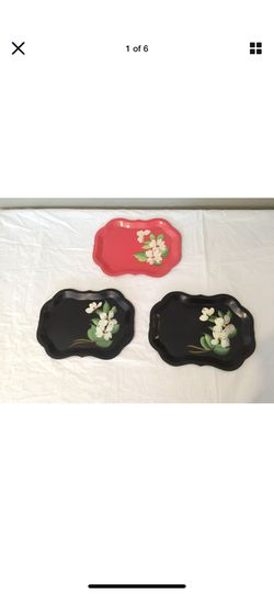 3 Antique Hand Painted Red & Black Floral Tin Dresser Trays 9 1/4" x 6.5"-PRETTY