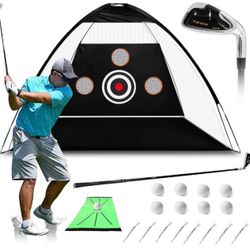 Complete Golf Practice Net – 10x7ft Portable Net with Targets for Indoor and Outdoor Golf Training，1 Golf Club, 1Golf Matn, 8 Balls and Tees.  Brand n
