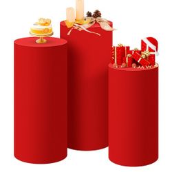 SaitiMade Set of 3 - Red Cylinder Pedestal Stand Covers, Spandex Cylinder Stand Covers for Party, Wedding or Birthday Event Decor - Only Contains Cyli