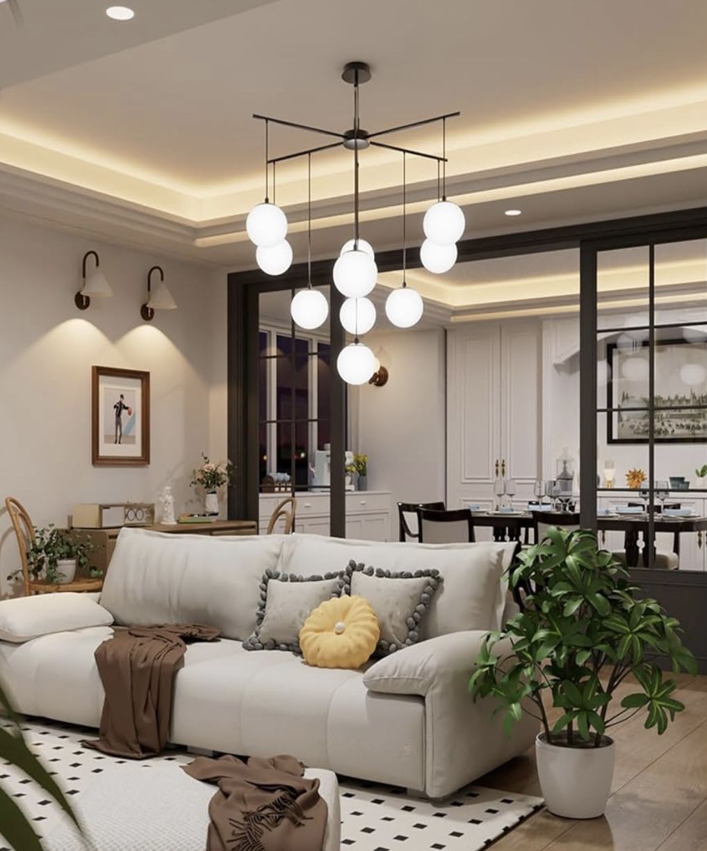 NEW 10-Light Globe Chandelier – Modern Mid-Century Pendant Light Fixture, Black Finish, Glass Globes – Dining Room / Kitchen / Living Room