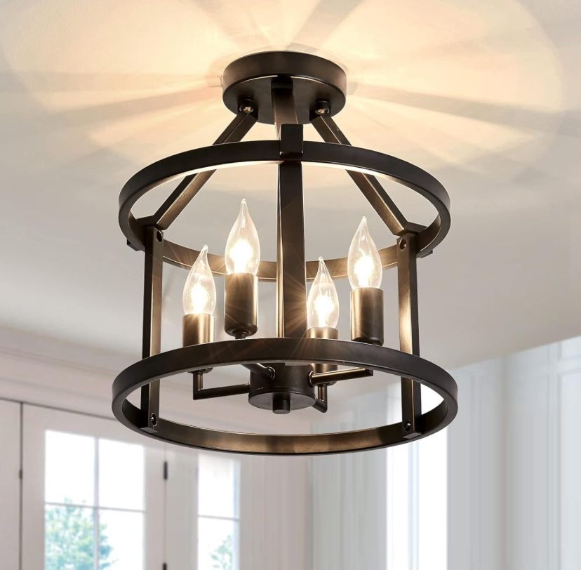 Metal Semi Flush Mount Ceiling Light Fixture 4 Candle Holder Matte Chandelier Farmhouse Ceiling Lamp