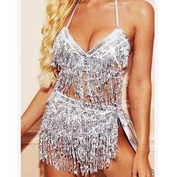 Silver sequin rave/festival 3-piece set