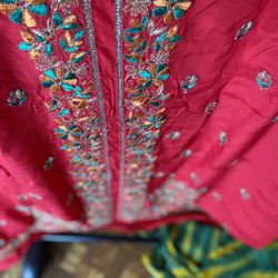 Red Color , With Scarf Beautiful  4 Yard Silky Fabric,  All Over Thread Embordery Even In The Scarf.  You Can Make Long Dress Even Two Dresses.
