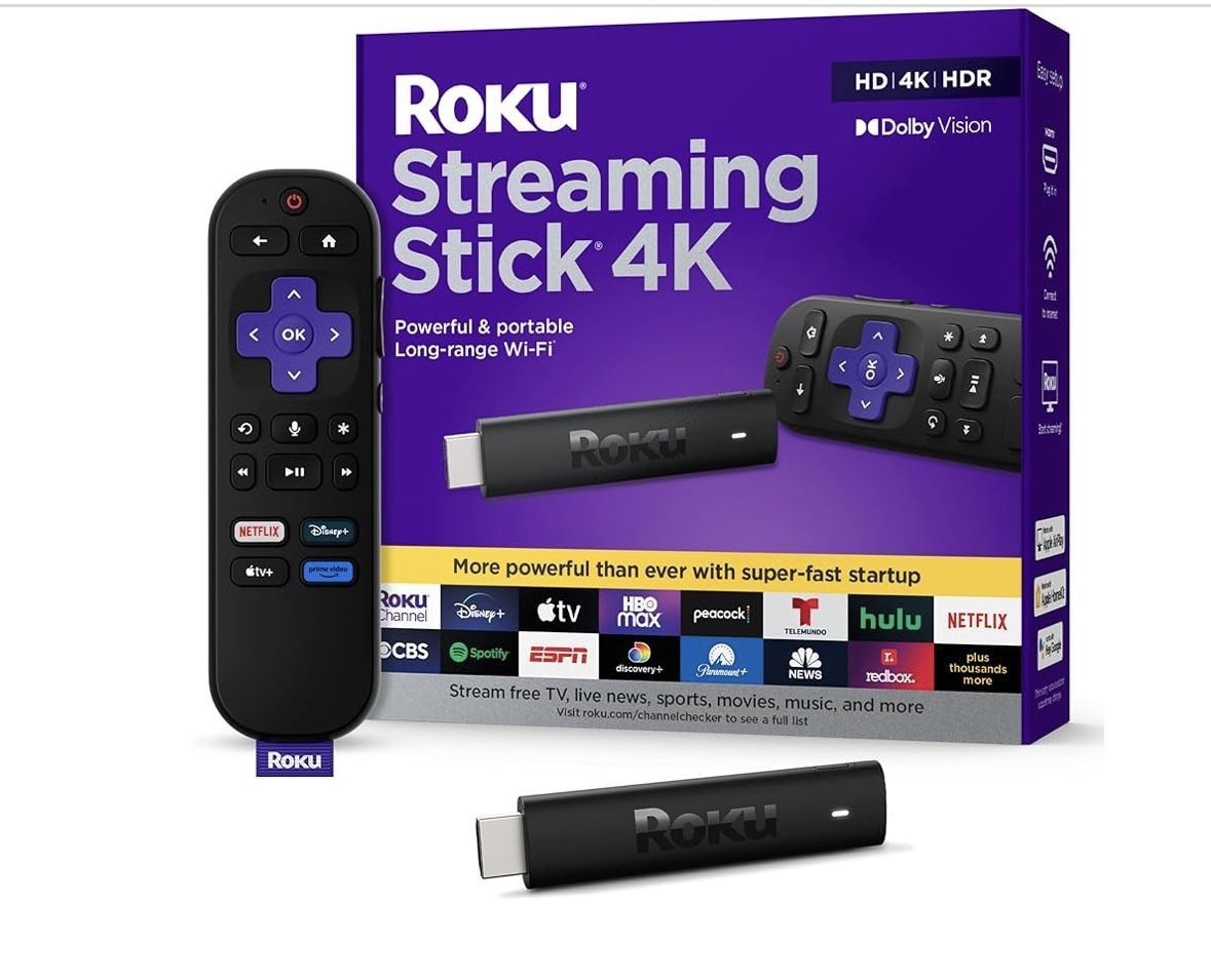 Roku Streaming Stick 4K - HDR & Dolby Vision Roku Streaming Device for TV with Voice Remote & Long-Range Wi-Fi - Free & Live TV