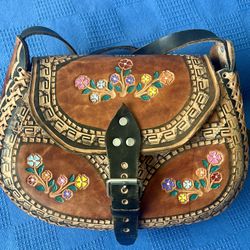  Vintage  Mexican Hand Tooled Hand Painted Leather Saddle Bag