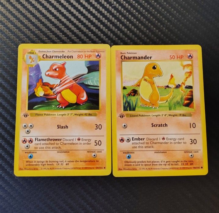NEAR MINT 1st Edition Shadowless Charmander and Charmeleon Base Set Pokemon Cards
