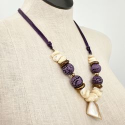 Vintage Beaded Stone Pendant Necklace Purple White Pearl Tone 26” Suede Cord Barrel Closure